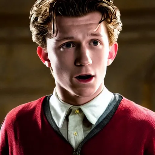 Prompt: tom holland as harry potter flying on dragon, close up, photo