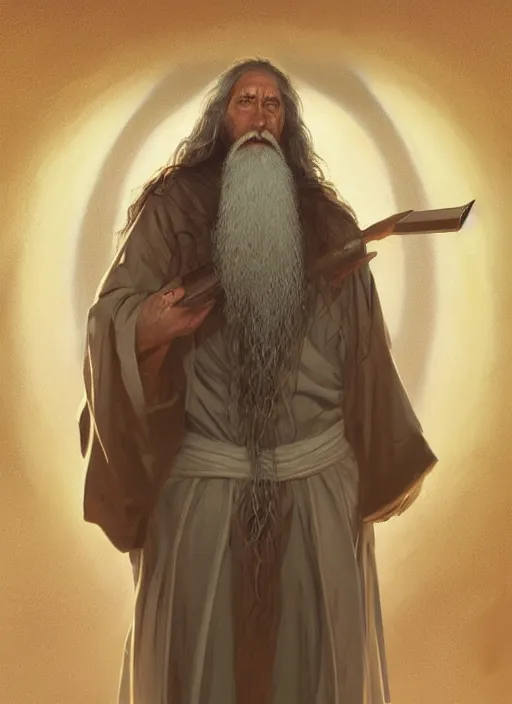 Prompt: portrait of a elderly wizard with a long beard wearing robes, under the robes is a hawaiian shirt, male, detailed face, fantasy, highly detailed, cinematic lighting, digital art painting by greg rutkowski
