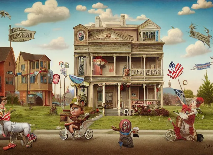 Image similar to all about americana, lowbrow, matte painting, 3 - d highly detailed, in the style of mark ryden,