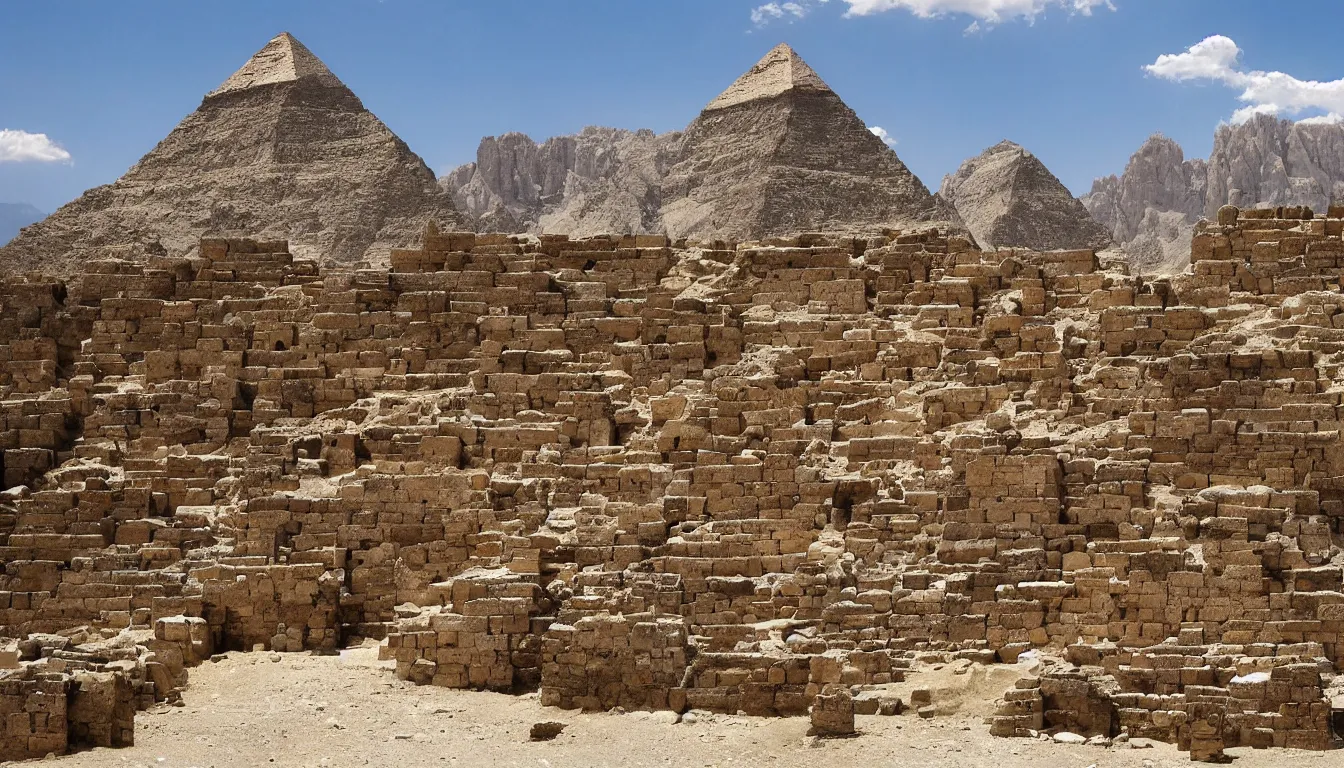 Prompt: an ancient egyptian town in the dolomites mountains, pyramids