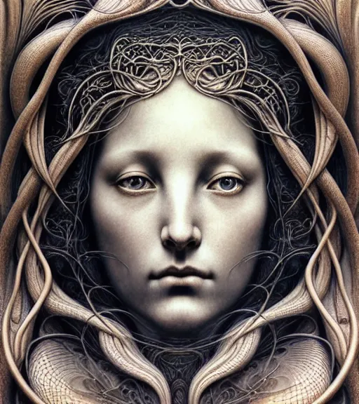 Image similar to detailed realistic beautiful moon goddess face portrait by jean delville, gustave dore, iris van herpen and marco mazzoni, art forms of nature by ernst haeckel, art nouveau, symbolist, visionary, gothic, neo - gothic, pre - raphaelite, fractal lace, intricate alien botanicals, ai biodiversity, surreality, hyperdetailed ultrasharp octane render