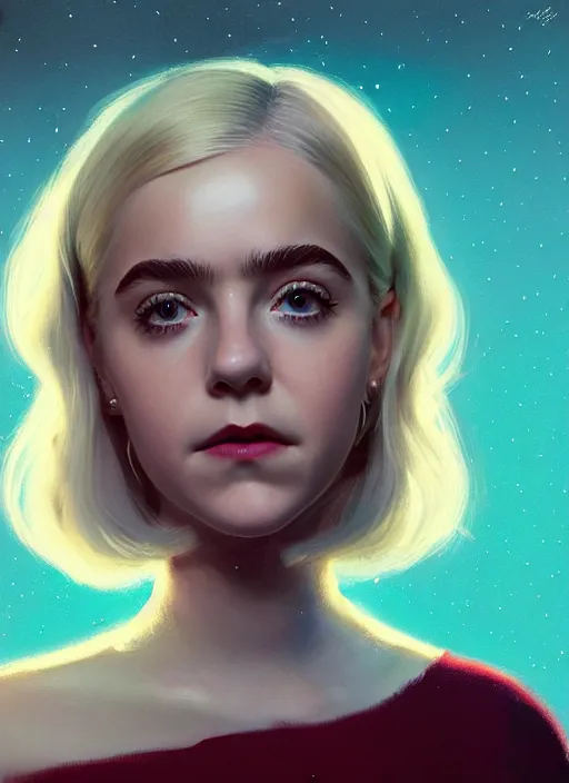 Prompt: portrait of kiernan shipka as sabrina spellman, freckles, white hair, 1 9 6 0 s bob hairstyle, hairstyle with bangs, hairband, intricate, elegant, glowing lights, highly detailed, digital painting, artstation, concept art, smooth, sharp focus, illustration, art by wlop, mars ravelo and greg rutkowski