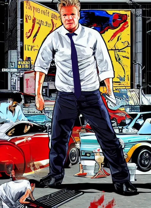 Image similar to Gordon Ramsay Holding a butchers knife in the style of GTA Artwork