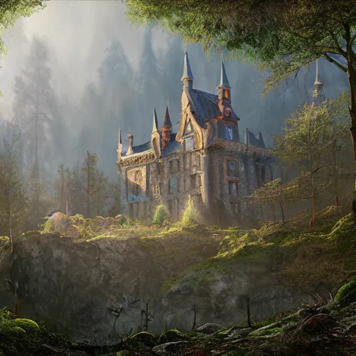 Image similar to a painting of a castle in the middle of a forest, a detailed matte painting by senior environment artist, cgsociety, gothic art, matte painting, rendered in unreal engine, artstation hq