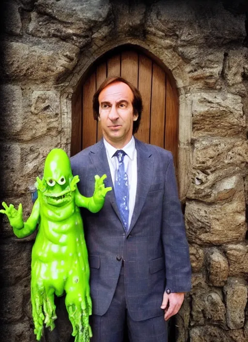 Image similar to saul goodman and a slime from dragon quest in a hogwarts bastions, goodman, slime, real life photo