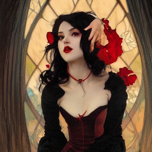 Image similar to portrait of a very beautiful vampire by Stanley Artgerm Lau , greg rutkowski, thomas kindkade, alphonse mucha, loish, norman rockwell, J. C. Leyendecker. dark black hair, pale skin, detailed eyes, red lips, facing the camera. Trending on artstation rule of thirds detailed ink painting hd 4k