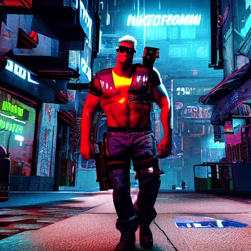 Prompt: duke nukem in a cyberpunk street