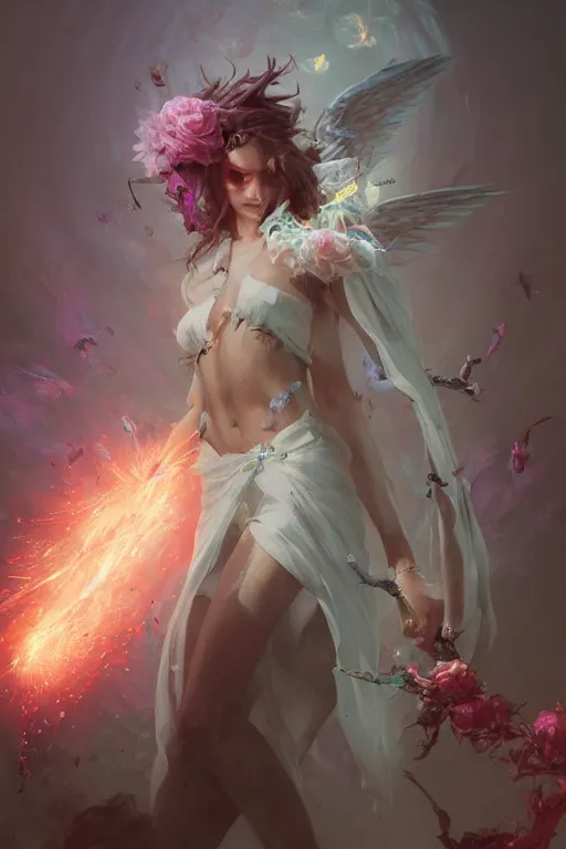 Image similar to beautiful girl necromancer exploding into flowers, angels, 3 d render, hyper - realistic detailed portrait, holding electricity and birds, ruan jia, wlop. scifi, fantasy, hyper detailed, octane render, concept art, peter mohrbacher