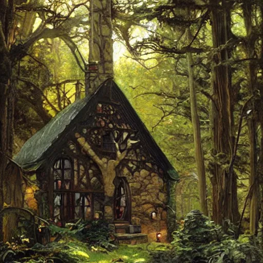 Image similar to witch cottage in the forest, art by norman rockwell and donato giancola and greg rutkowski