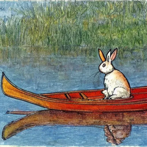 Image similar to a rabbit sitting in a rowboat on a calm river, in the style of carl larsson