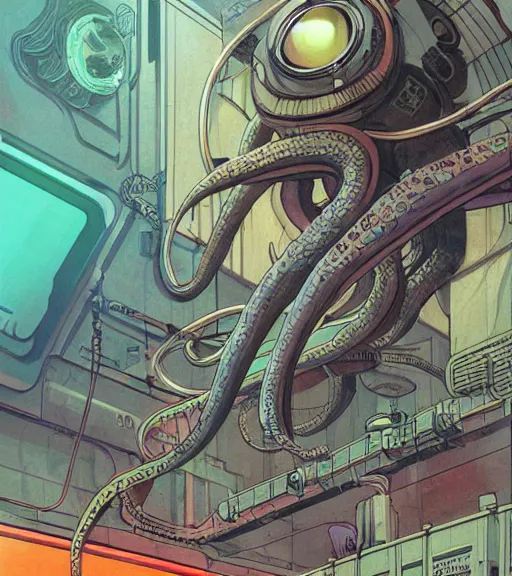 Image similar to a cybernetic realistic octopus in a space station, techwear, Industrial Scifi, detailed illustration, character portrait, graffiti art by Martin Grip and Moebius