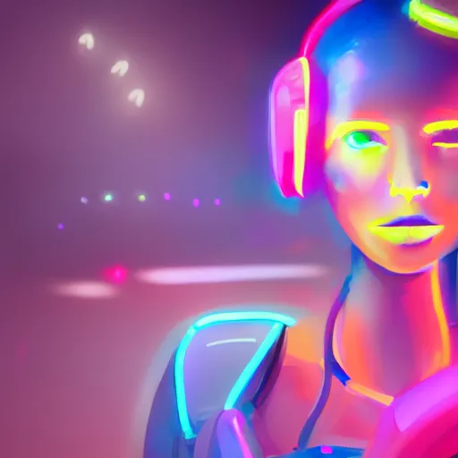 Prompt: cute young woman with robot ears and eyes, 4k, sharp focus, neon colored fluorescent lighting, jordan grimmer