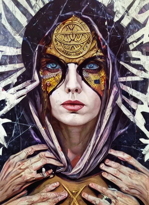 Image similar to tripping cult magic psychic woman, subjective consciousness psychedelic, epic occult ritual symbolism story iconic, dark robed witch, oil painting, robe, symmetrical face, greek dark myth, by Sandra Chevrier, masterpiece