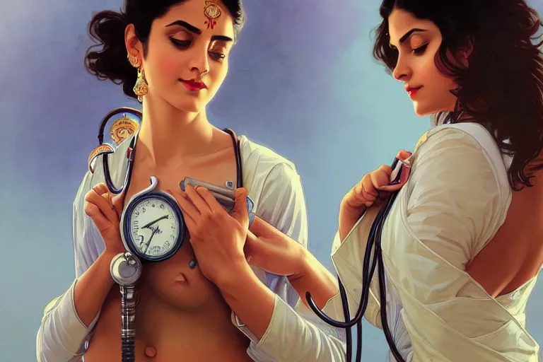 Image similar to sensual pale beautiful indian doctor in jeans with stethoscope, art deco portrait, elegant, intricate, digital painting, artstation, concept art, smooth, sharp focus, illustration, art by artgerm and greg rutkowski and alphonse mucha