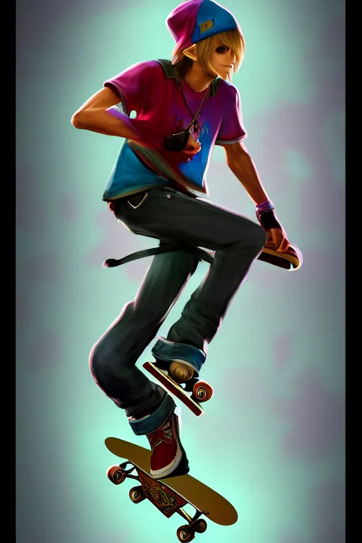 Image similar to skateboarder in attic. final fantasy style art, zelda style art, gta vice city style art, pop art, aesthetic art, stylish, elegant, dynamic lighting, artstation trending, concept art, octane, smooth, 1 6 k, beautiful, highly details, sharp focus, intricate, octane rendered, dall e 2 rendered