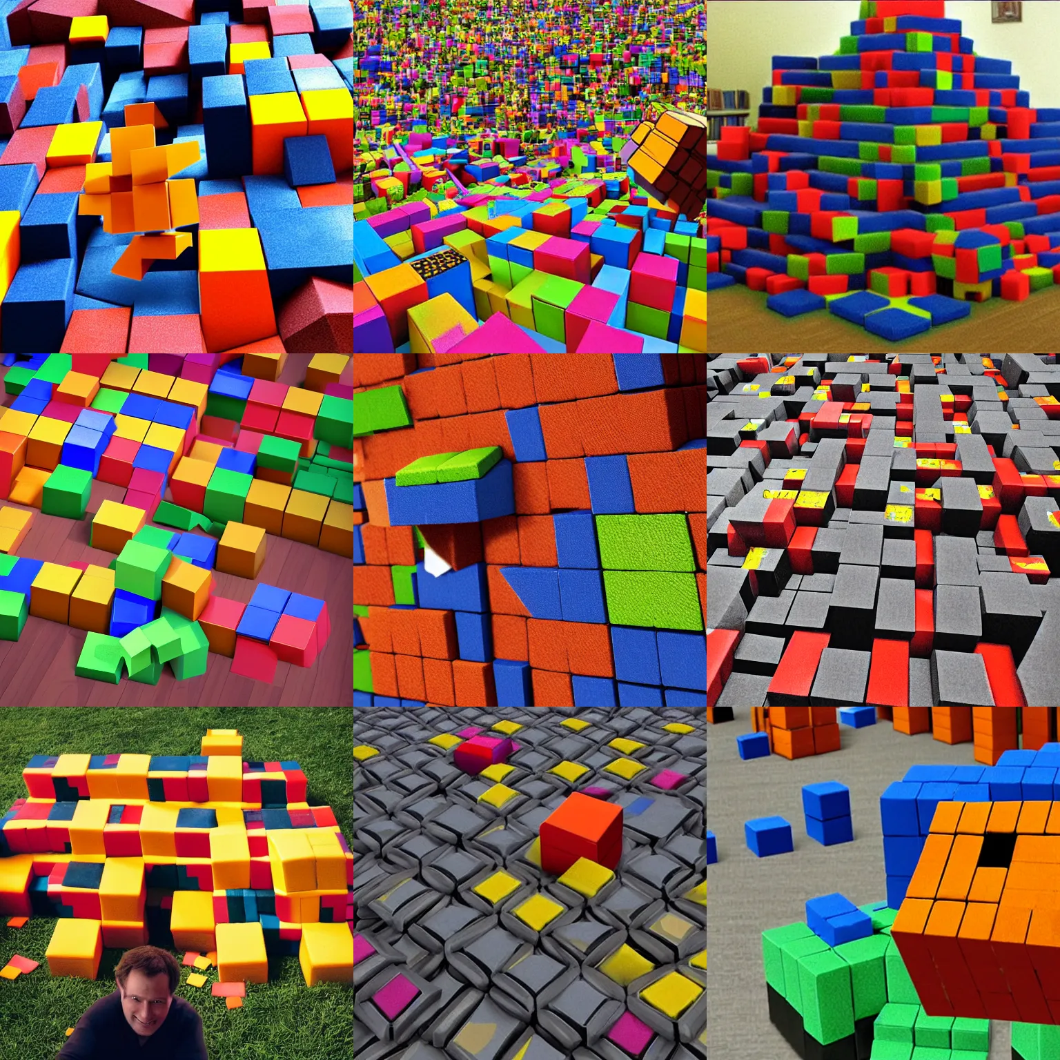 Prompt: realistic Q*Bert bouncing down pile of cubes, photo