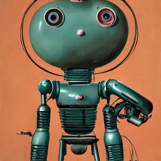 Prompt: body shot of 1950s retro cactus robot, with space above the head. Bionic Arms and eyes. pop surrealism, muted colours. by Jean-Baptiste Monge, wide shot