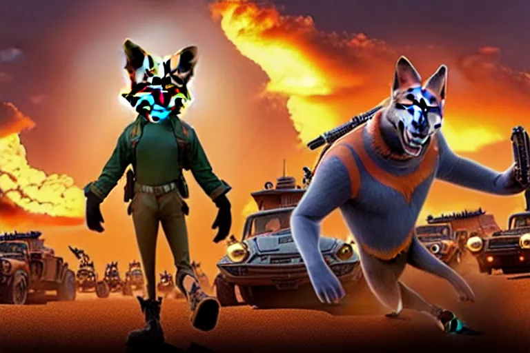 Image similar to nick wilde ( from zootopia ), heavily armed and armored facing down armageddon in a dark and gritty reboot from the makers of mad max : fury road