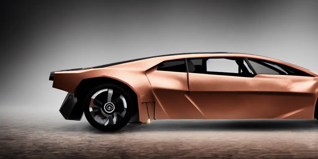 Image similar to a design of a futuristic DMC Delorian, designed by Polestar, blade runner background, back view, light copper car paint, black windows, sportscar, black show room, dramatic lighting, octane rendering, unreal engine rendering, hyper realistic render, depth of field, octane rendering