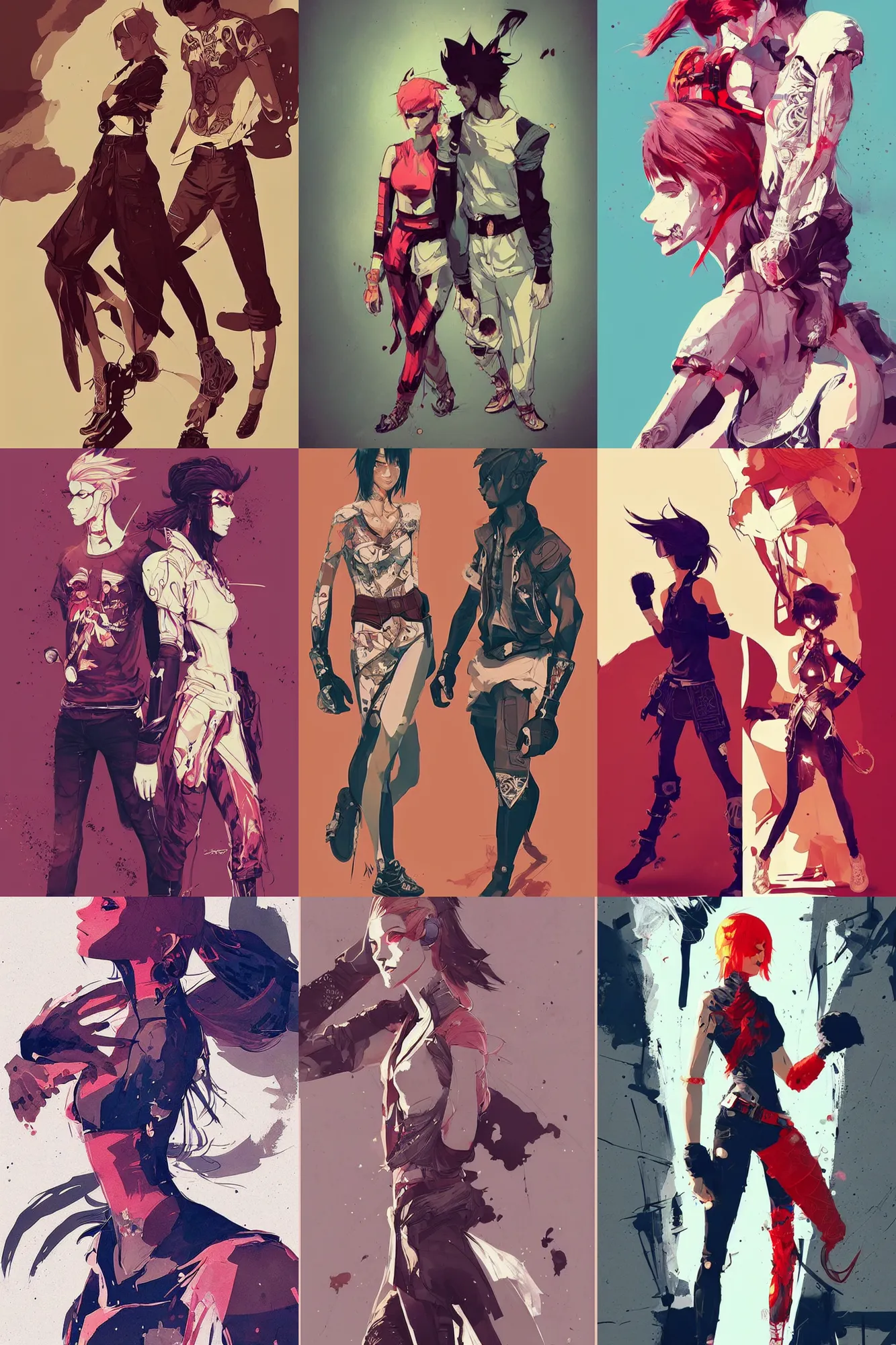 Image similar to concept arts of fashionable male and female fighters wearing trendy outfit, video game characters designs, by conrad roset, fiona staples, wlop, intricate, elegant, highly detailed, stylized, digital art, artstation, concept art, sharp focus, illustration, beautiful sunlight and shadows