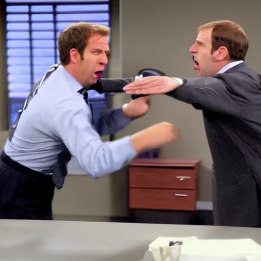 Image similar to character from the office Toby Flenderson punches Michael Scott in the face