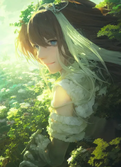 Image similar to a portrait of the emerald herald in the garden, intricate, tone mapped, ambient lighting, highly detailed, digital painting, pixiv, concept art, sharp focus, by makoto shinkai and akihiko yoshida and hidari and wlop