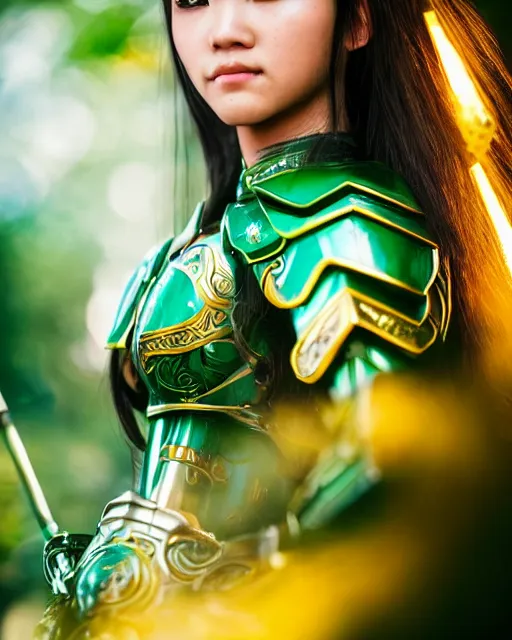 Image similar to a beautiful close up photo of a female Asian elf ranger with long hair and green eyes, no helmet, wearing green and gold futuristic mecha armor, with ornate rune carvings and glowing lining, very detailed, shot in canon 50mm f/1.2