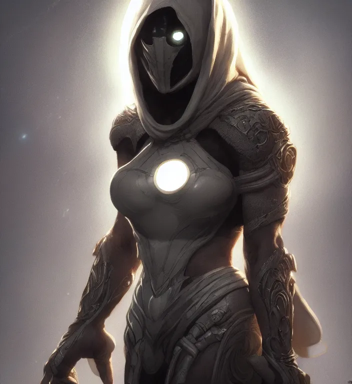 Image similar to female moon knight, hyper detailed, digital art, trending in artstation, cinematic lighting, studio quality, smooth render, unreal engine 5 rendered, octane rendered, art style by klimt and nixeu and ian sprigger and wlop and krenz cushart