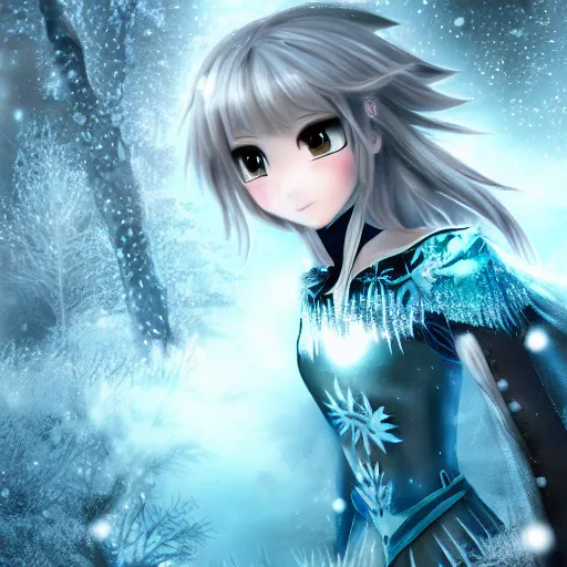 Prompt: portrait focus of knight beautiful 3D anime girl, Frozen ice crystal armor wearing, dark forest background, snowing, bokeh, inspired by Masami Kurumada, digital painting, high contrast, unreal engine render, volumetric lighting, high détail