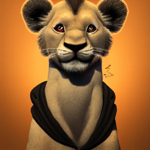 Prompt: Portrait of Young Simba, dressed black hoodie, digital art, ultrarealistic, artstation, 8k, hyperdetalied, high quality, high render