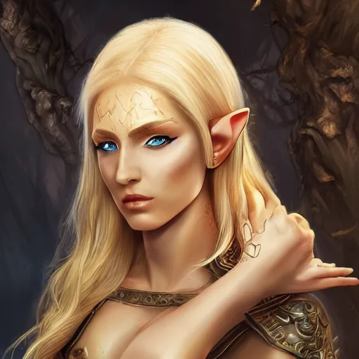 Prompt: high fantasy, portrait of blond elf woman, detailed face, detailed body, chef clothing, kitchen knife, ultradetailed digital illustration, epic atmosphere, artstation