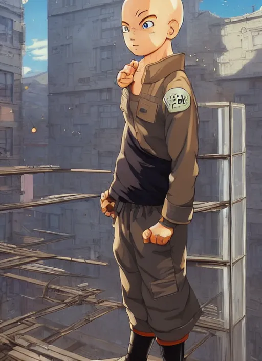 Image similar to highly detailed krillin standing outside building with a window with metal bars and naruto uzumaki with black hair behind them art by greg rutkowski, loish, rhads, ferdinand knab, makoto shinkai and lois van baarle, ilya kuvshinov, rossdraws, tom bagshaw, global illumination, radiant light, detailed and intricate environment