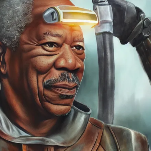 Image similar to A photorealistic illustration of Morgan Freeman wearing Gordon freeman's armor