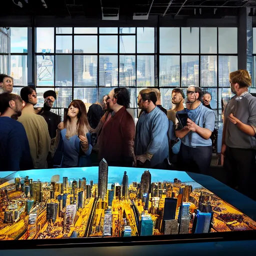 Image similar to large group people in open warehouse, looking at hologram of futuristic city on a table, cinematic concept art, godrays, golden hour, natural sunlight, 4 k, clear details, tabletop model buildings, tabletop model, hologram center, crane shot, crane shot, crane shot