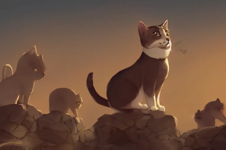 Prompt: cat standing on a rock in front of a crowd of cats, dramatic, backlighting, trending on artstation, digital art, trending on furaffinity, by kawacy