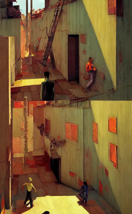 Image similar to Inside a Favela, very coherent, painted by Edward Hopper, Wayne Barlowe, painted by James Gilleard, airbrush, art by JamesJean