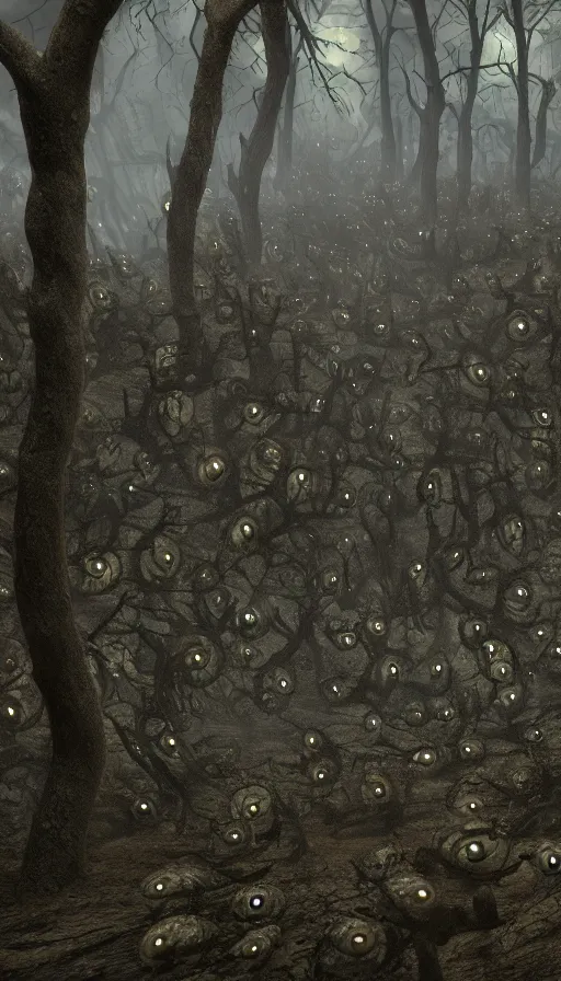 Prompt: a storm vortex made of many demonic eyes and teeth over a forest, with vray