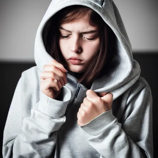 Prompt: a portrait of a moody female teenager in a hoodie, photograph