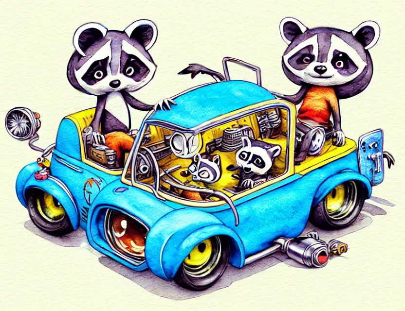 Image similar to cute and funny, racoon riding in a tiny hot rod with oversized engine, ratfink style by ed roth, centered award winning watercolor pen illustration, isometric illustration by chihiro iwasaki, edited by range murata, tiny details by artgerm and watercolor girl, symmetrically isometrically centered