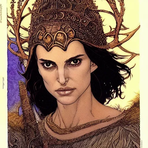 Image similar to a realistic, very beautiful and atmospheric portrait of a young natalie portman as a druidic warrior wizard looking at the camera with an intelligent but seductive gaze by rebecca guay, michael kaluta, charles vess and jean moebius giraud