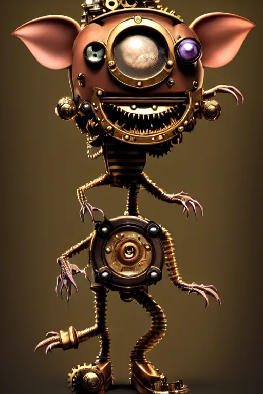 Prompt: a tiny cute steampunk gremlin monster with cogs screws big eyes smiling waving, back view, isometric 3 d, ultra hd, character design by mark ryden pixar hayao miyazaki, unreal 5, daz, hyperrealistic, octane render, cosplay, rpg portrait, dynamic lighting, intricate detail, summer vibrancy, cinematic, centered