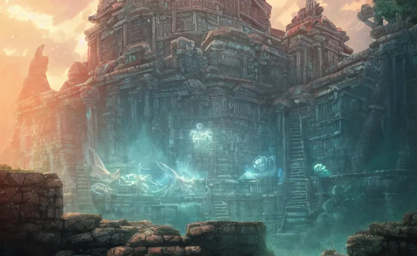 Image similar to anime underwater temple, semi realistic, straight lines, magical, ancient aztec temple, sci fi elements, overgrown, caustic lights, 8k hdr pixiv dslr photo by Makoto Shinkai ilya kuvshinov and Wojtek Fus, digital art, concept art,