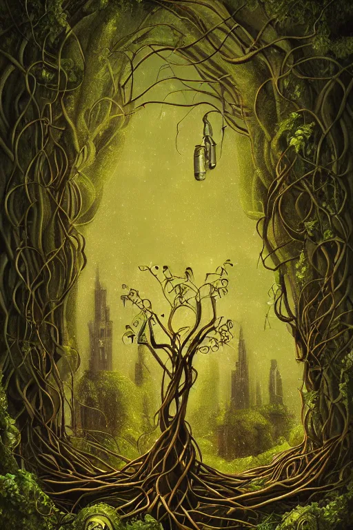 Image similar to a beautiful digital illustration painting of a detailed gothic fantasy fireflies and roots, throne and vines by giorgio de chirico, and david rios ferreira. 8 k resolution trending on artstation concept art digital illustration