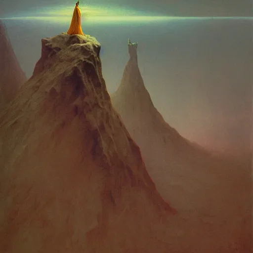 Image similar to The wizard merlin stands on a mountain fighting a harde of dragons, by Zdzisław Beksiński, trending on artstation, 8k, landscape photo-reality, landscape photo-imagery