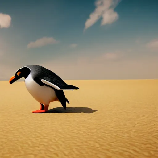 Image similar to shit Penguin in the desert, Pyjama british Air force Officer, octane render, unreal engine, 8k high definition