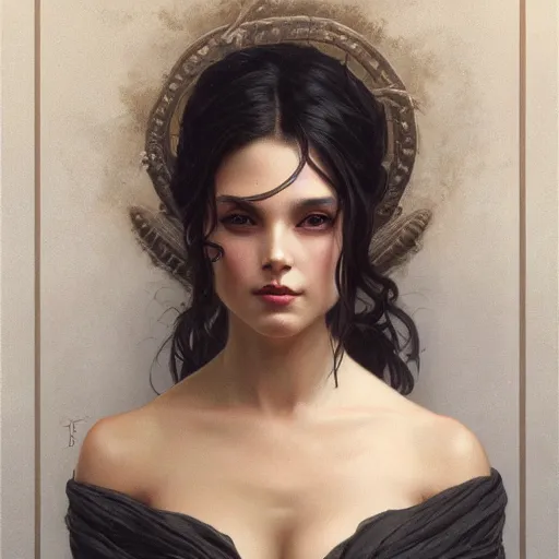 Prompt: portrait of dark goddess, intricate, elegant, highly detailed, digital painting, artstation, concept art, smooth, sharp focus, illustration, art by artgerm and greg rutkowski and alphonse mucha and william - adolphe bouguereau