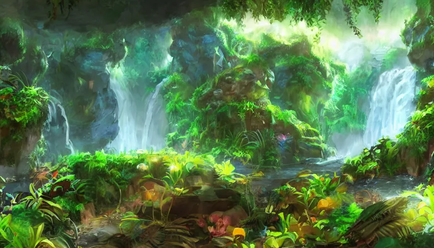 Prompt: concept art of underground jungle cave with waterfalls, luminescent plants, colorful, high detailed, ultra realistic