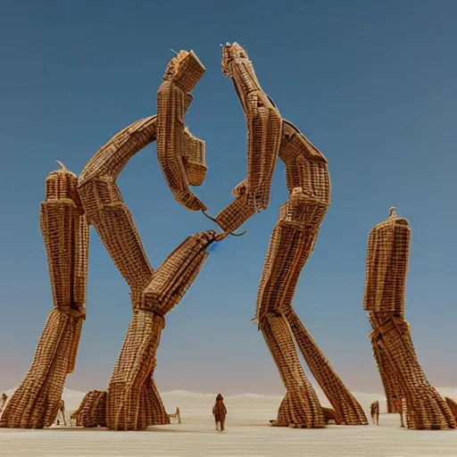 Image similar to highly detailed 3d render of burning man festival sculpture of man made of cornflowers by Beeple