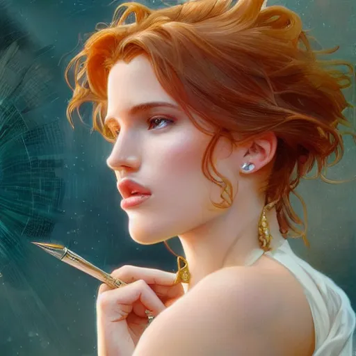 Image similar to ultra realistic illustration, bella thorne blowing a kiss, intricate, elegant, highly detailed, digital painting, artstation, concept art, smooth, sharp focus, illustration, art by artgerm and greg rutkowski and alphonse mucha