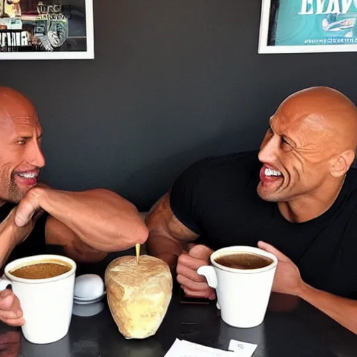 Prompt: Dwayne Johnson and Pepe the frog having coffee in a cafe, Dwayne Johnson, frog, hyperrealistic photograph, 8k,